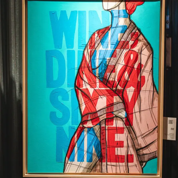 Ein abstraktes, buntes Bild mit der Aufschrift "Wine, dine and sixty nine."