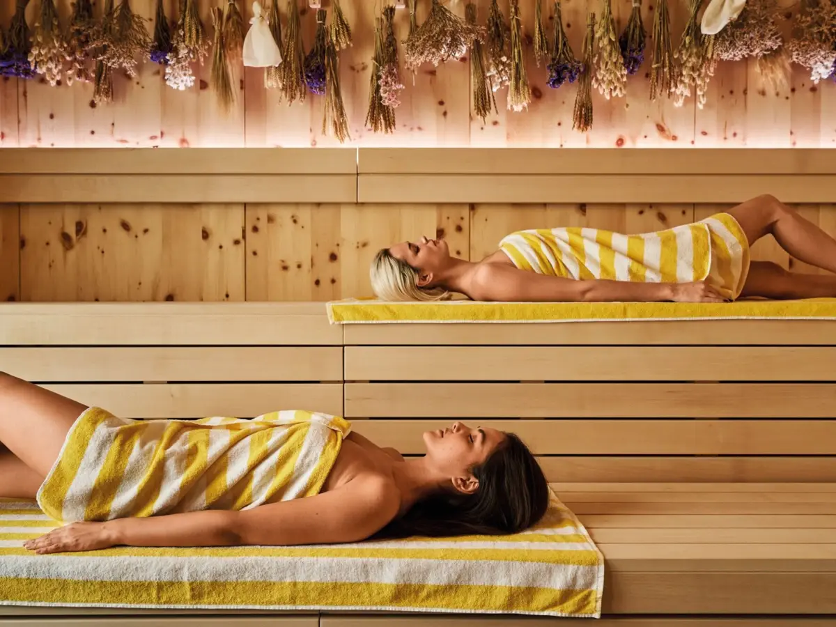 Sauna im Alpine Swim Club Zwei Frauen mit gelb-weiß gestreiften Handtüchern liegen entspannt in einer modernen Sauna mit Holzwänden und getrockneten Blumen an der Decke.
