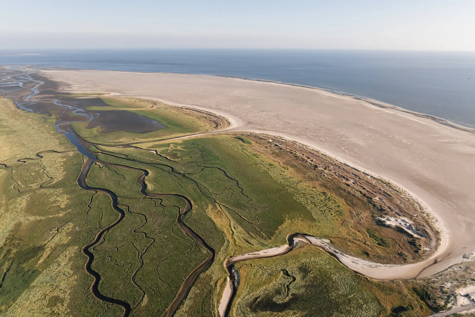 Küste St. Peter-Ording Die Küste von St. Peter-Ording von oben fotografiert, mit den Salzwiesen, dem Strand und der Nordsee.