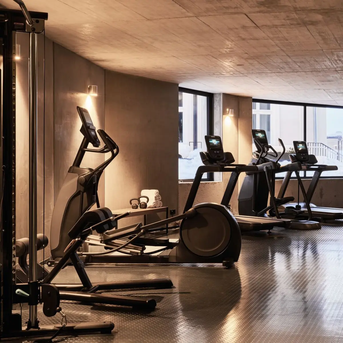 Moderner Fitnessraum mit Crosstrainer, Laufbändern und Kraftstation in elegantem Beton-Design und Tageslicht